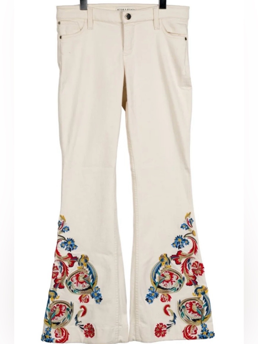 Alice + Olivia Cream Flared Jeans with Multicolor Embroidered Hem